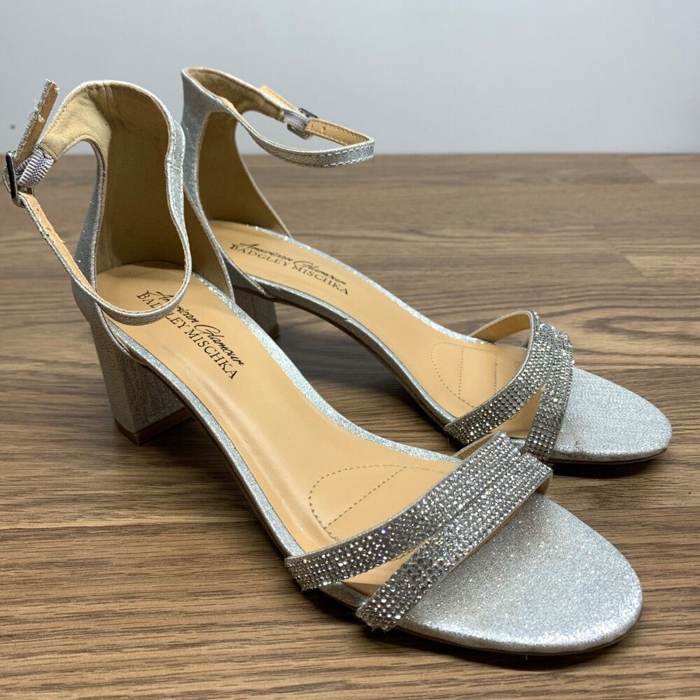 American Glamour Badgley Mischka Silver Sparkle Sandals Size 7.5 Wedding